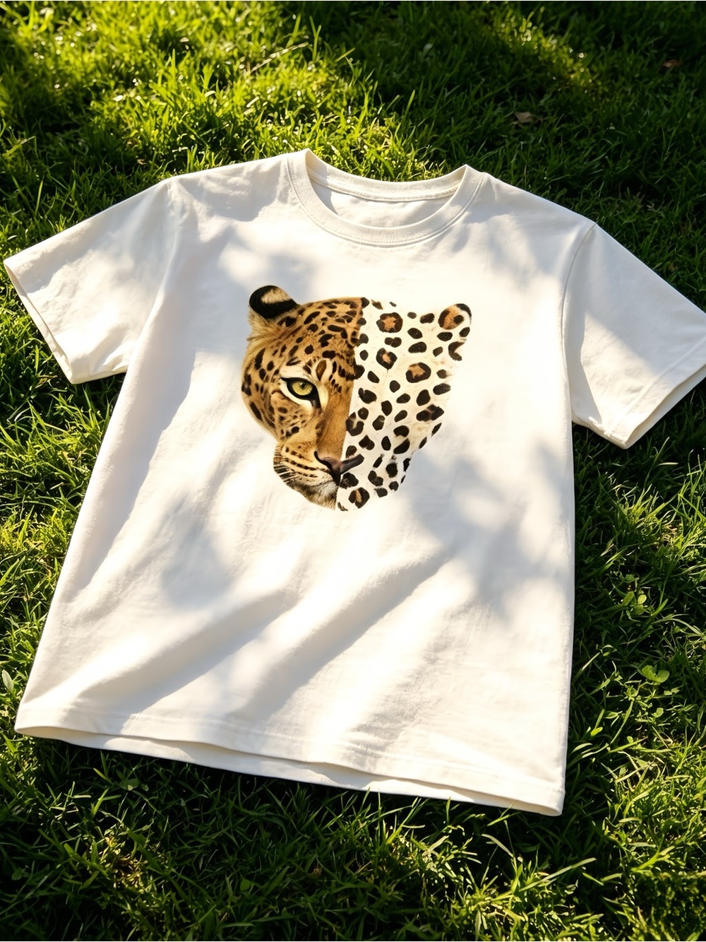 White unisex T-shirt with leopard print split face design.